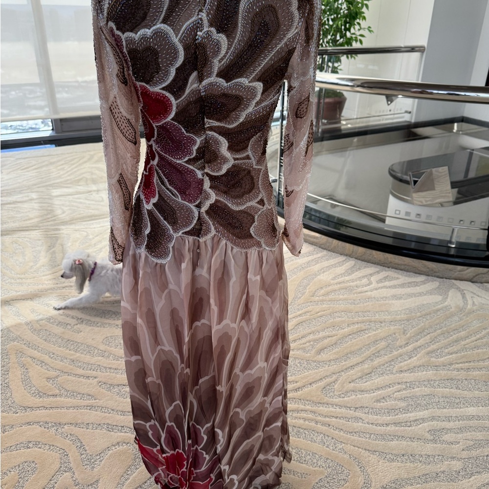 Vintage Hanae Mori Hand Beaded Long Sleeve Floral Dress in Burgundy/ Brown - Picture 3 of 7